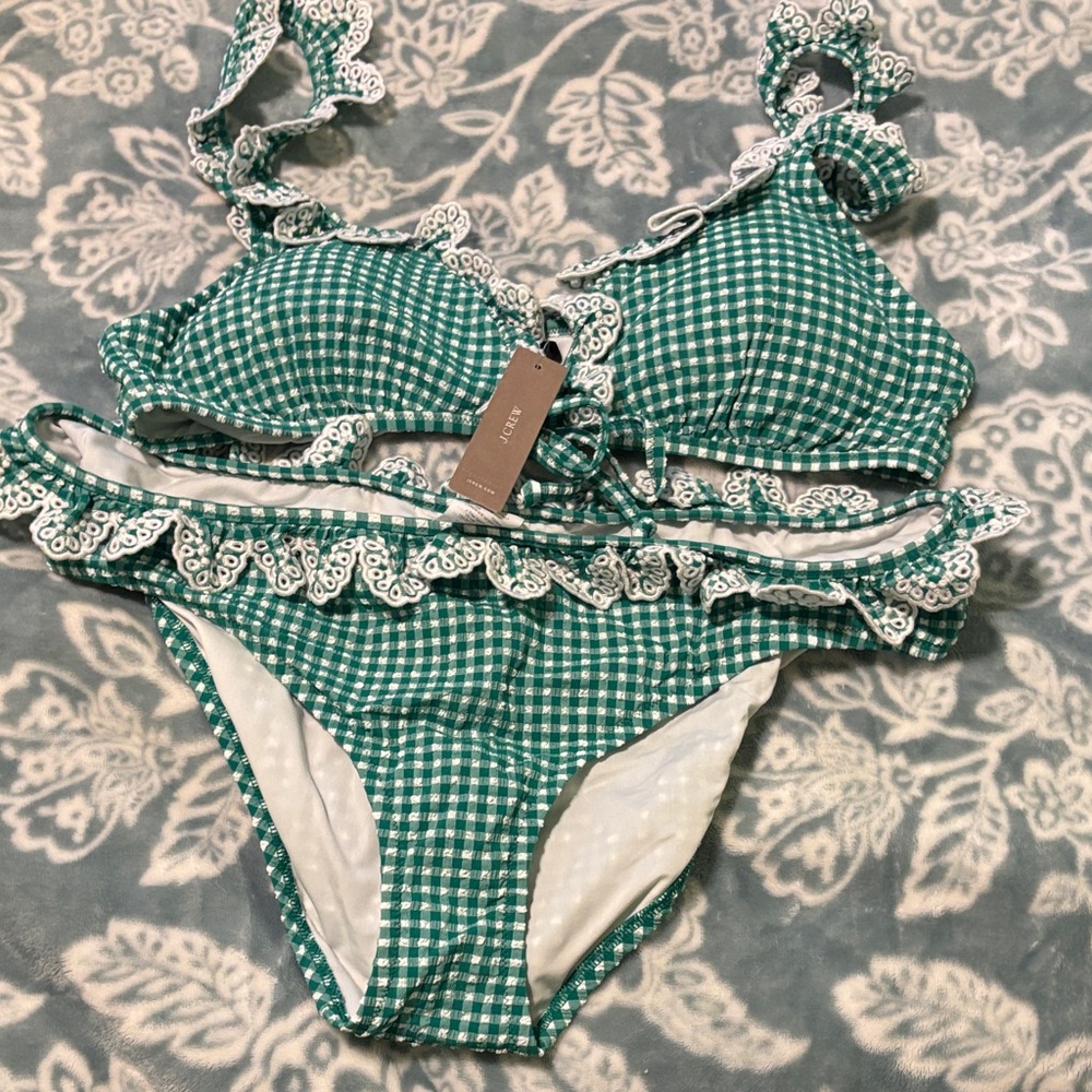 J. Crew Green Gingham Bikini with Lace Accents